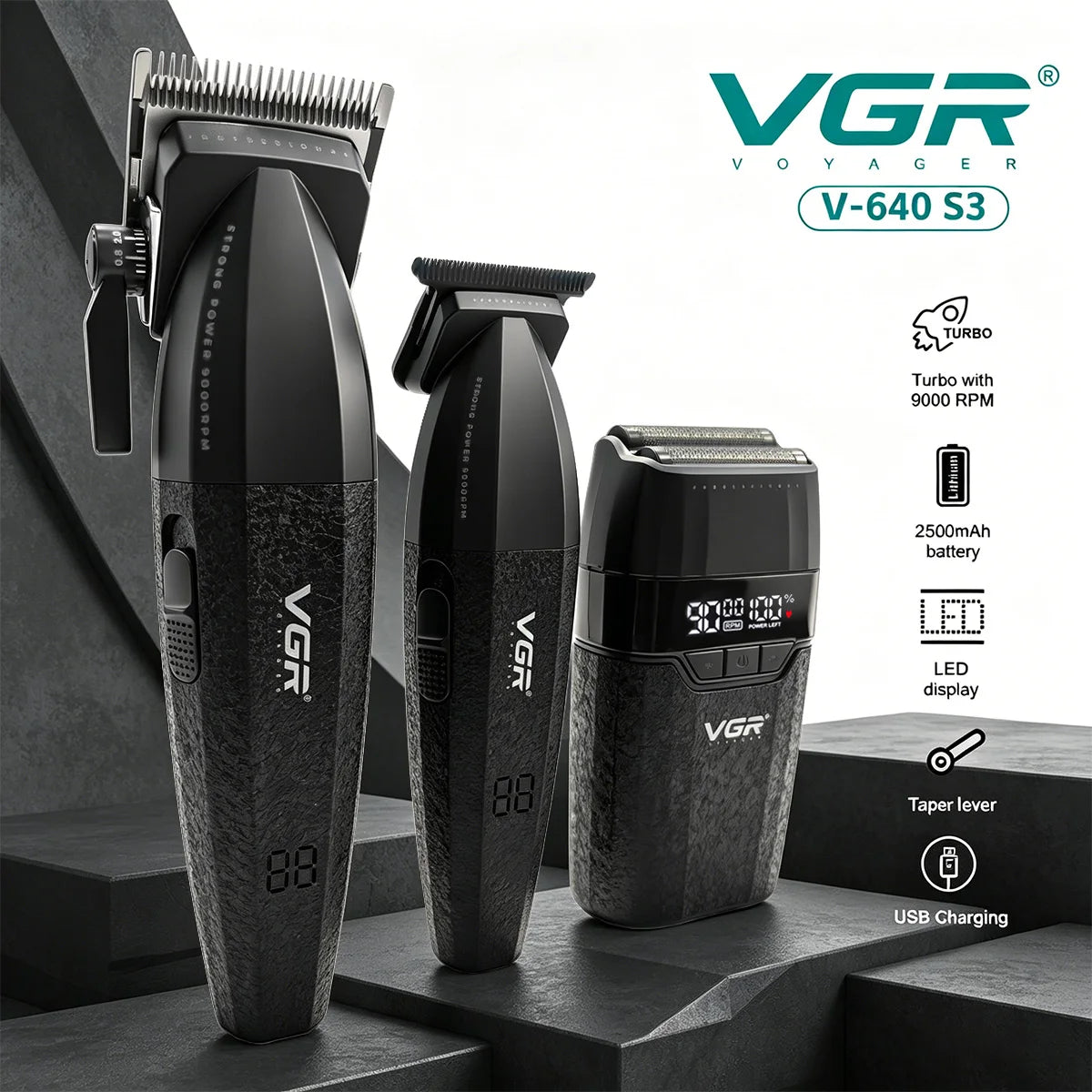 Ensemble VGR V-640 S3 avec tondeuse à cheveux, tondeuse de finition et rasoir