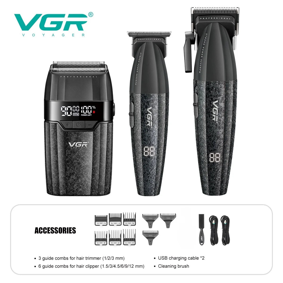 Contenu du kit VGR V-640 S3 : tondeuse cheveux, tondeuse de finition, rasoir et sabots