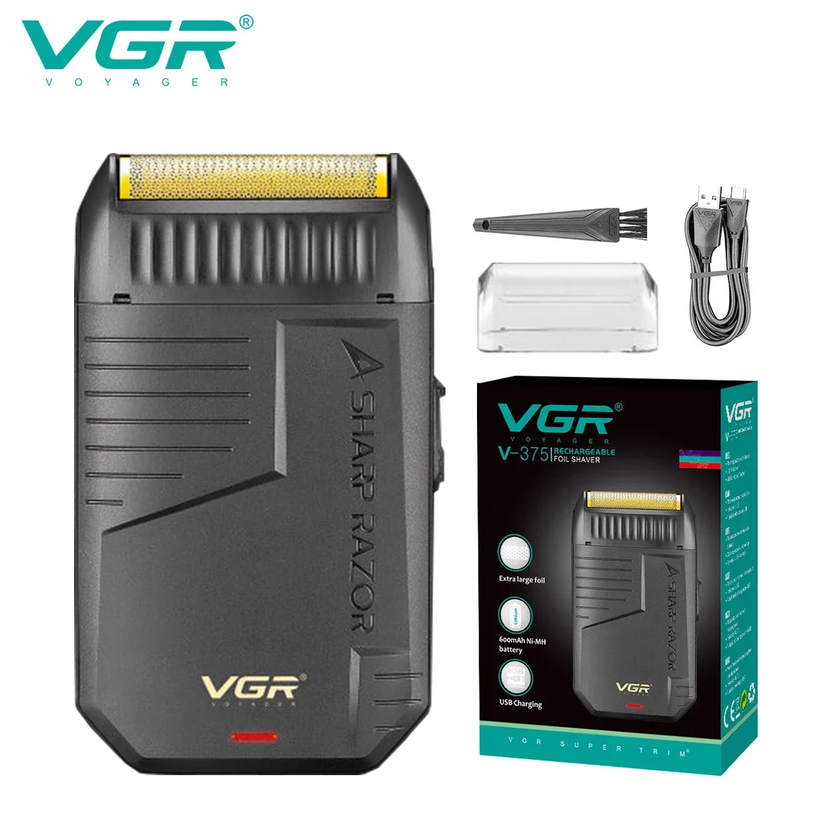 Rasoir VGR V-375 avec boîte, câble USB, brosse et capot de protection