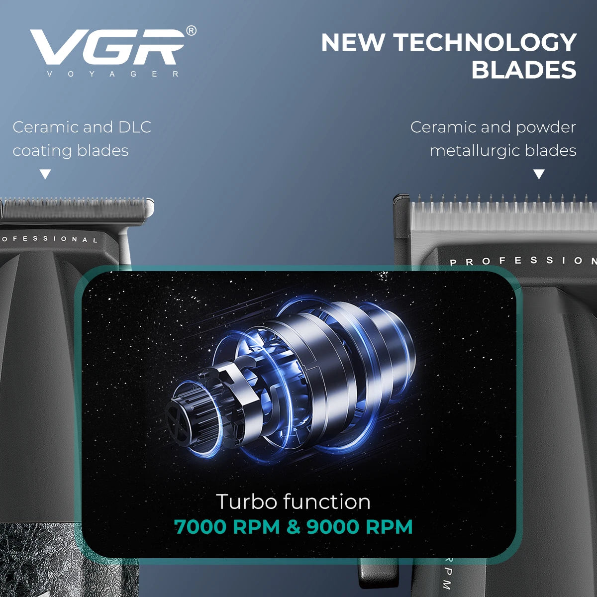 Visuel VGR V-640 S3 présentant les lames et le moteur annoncé entre 7 000 et 9 000 tr/min